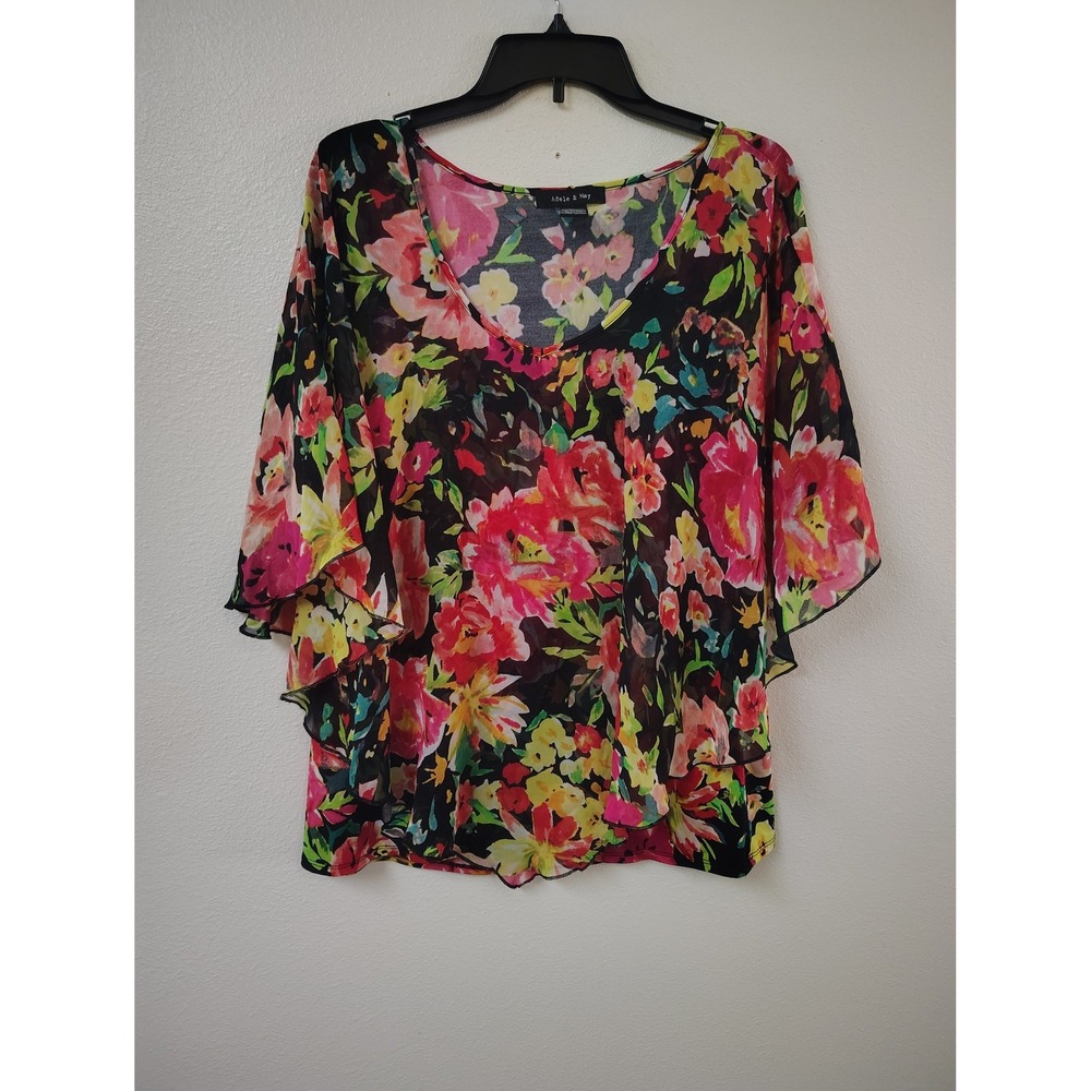 Adele & May Womens XL Floral Layered V-Neck Blouse Butterfly Sleeve Multi-Color